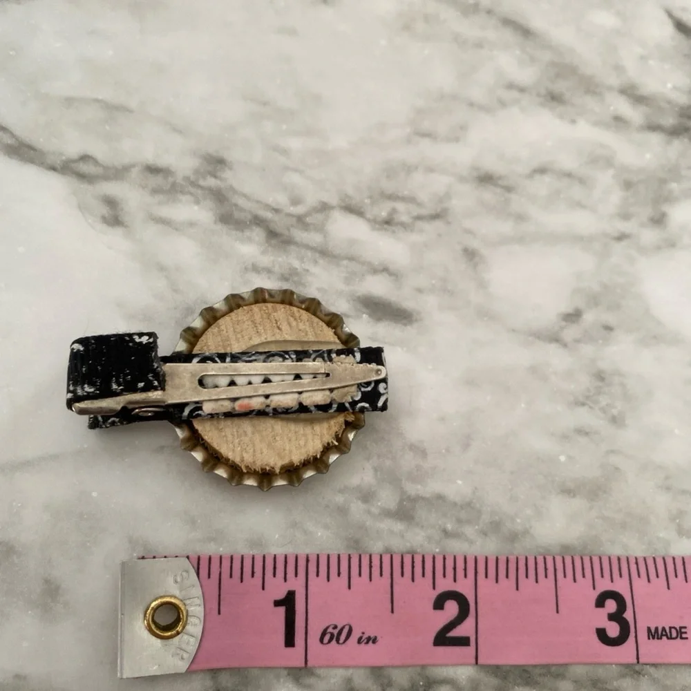 Handmade Vintage Girls Bottle Cap Hair Clip “L” Gold, Black & Pink